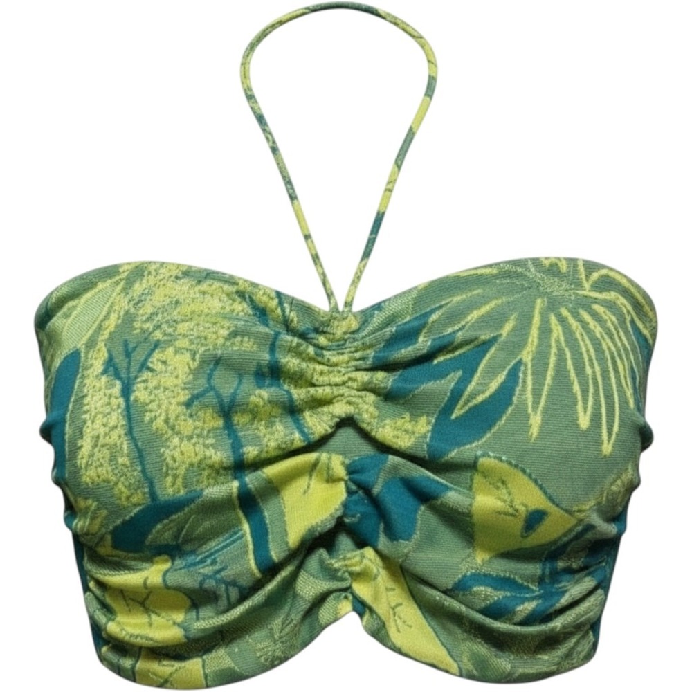 Y2K Festival Halter Top Women Medium Green Zara Tropical Jacquard Ruched Keyhole